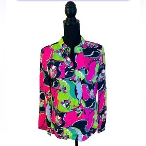 TALBOTS Band Collar Pink Green Floral Long Sleeve Top Blouse Shirt Size 6